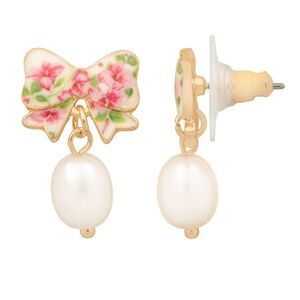 Lauren Conrad Gold-Tone Antique Flower Print Bow & Simulated Pearl Drop Earrings